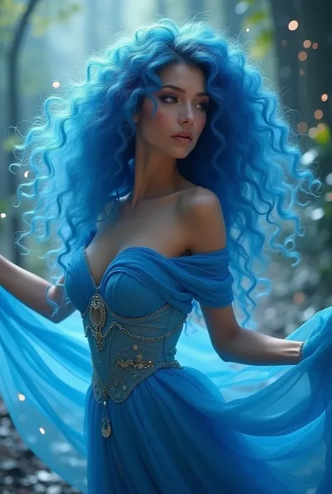 Девушка с ярко голубыми волосами пышными вьющимися  sexy pose,  airy dress in bright blue, magical setting, sexy pose, Fantasy