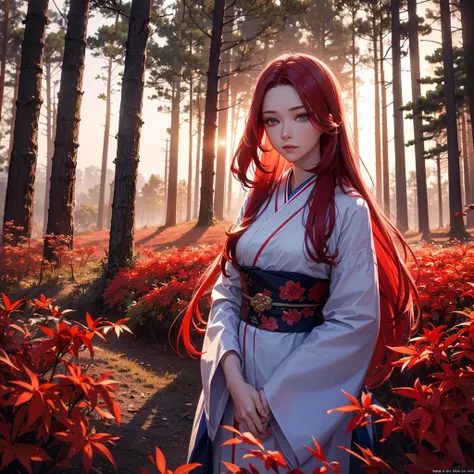 a beautiful girl with long red hair and blue eyes, wearing a red kimono, standing in a field of red spider lilies, fox spirits emerging from the twilight, detailed facial features, extremely detailed eyes, (best quality,4k,8k,highres,masterpiece:1.2),ultra...