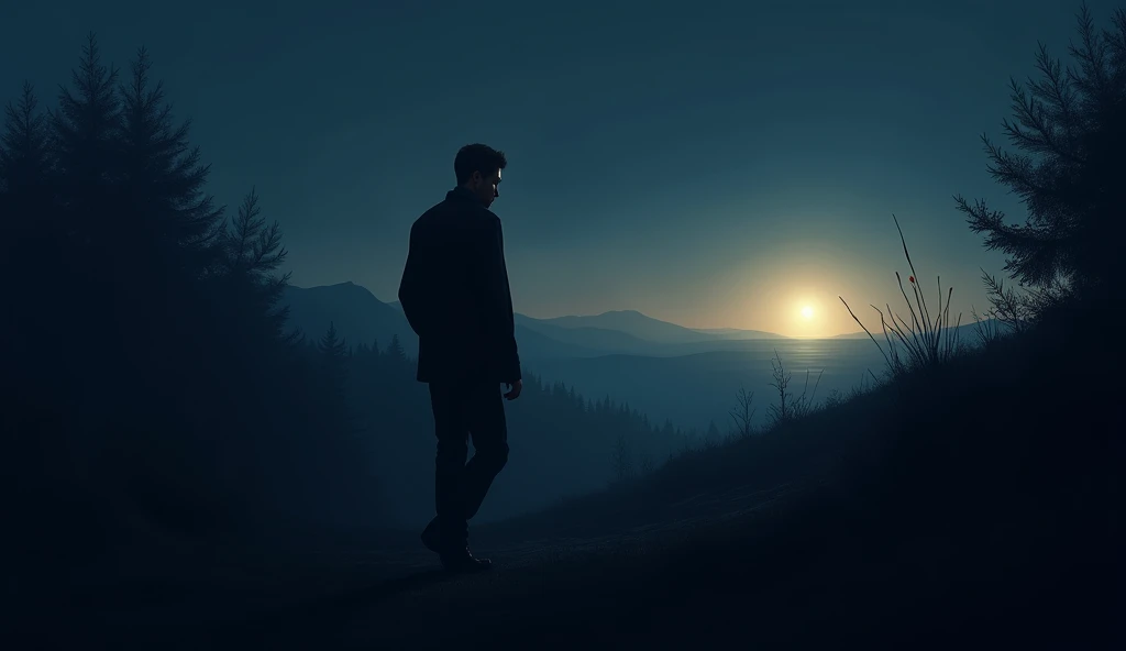 A beautiful scene of a man walking in the dark of night, with the sunrise in the distance. A flash of light is emerging as a symbol of hope for a new day. 