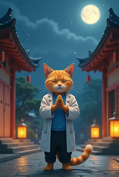 Chiku’s the orange body builder cat in human body wearing a white doctar coat and a blue t-shirt and a black trouse Prayer at the Temple
**Prompt:** "A traditional village temple at night, lit by a few lamps. Chiku, the orange body builder cat in human bod...