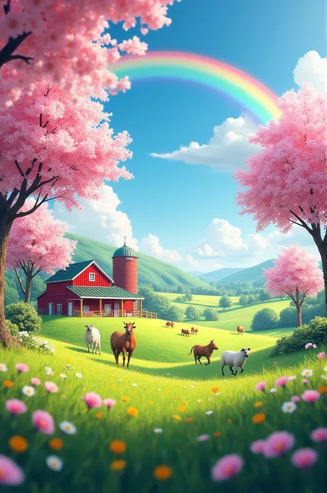 "A vibrant countryside farm in spring, with blooming cherry blossom trees, a barn painted in classic red, animals grazing in the fields, and a rainbow arching across the sky after a light rain shower."