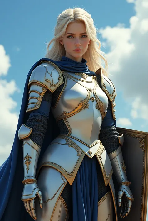 Knight female, platinum blonde and blue eyes, with white-gold armor and dark blue cloak, mit Schild. higly detailed. Ultra-reslistic. 4K.

In the background blue sky and beautiful white clouds.