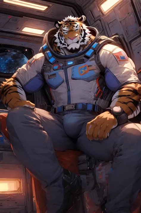 Furry, tiger, man, muscular, fit, space suit, space station, pants bulge