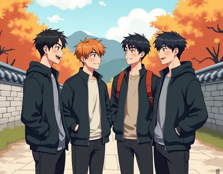 The stone wall and maple trees of Bulguksa Temple are visible in the background.. The appearance of the male students, 90s style black jacket and pants. A group of male students having a conversation. Show only the upper body. A friend raises his hand and ...