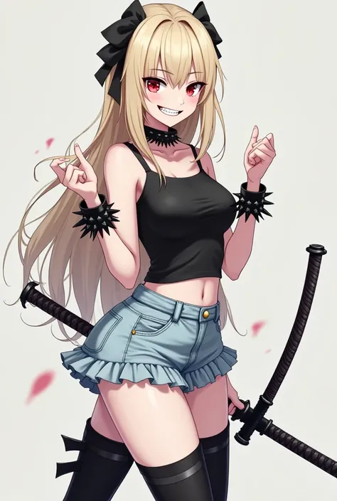 White skin anime girl,with dark red slanted eyes,with sharp teeth smiling mockingly,with a slim body with a small chest and a small waist, big hips and a big butt with long straight light blonde hair with black highlights, wearing a black tank top showing ...