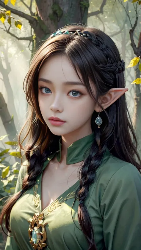 A portrait of a beautiful elf Asian woman with piercing blue eyes, a crown of leaves and crystals resting on her intricately braided hair. Dappled sunlight filters through the ancient forest canopy, illuminating her delicate features and freckled skin. She...