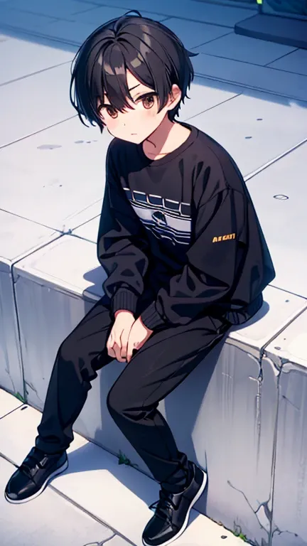 one boy,Black hair,brown eyes,Black long sleeve t-shirt,black jacket,black long pants,Black Shoes