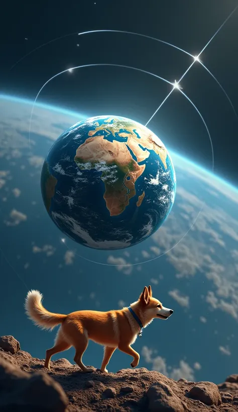 A rotating Earth with a 3D animation of a dog aligning itself along the north-south axis, demonstrating the connection.