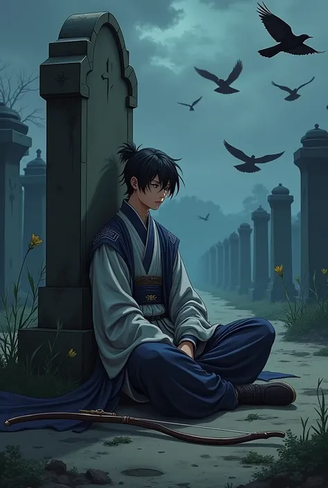 20 year old Chinese male with black bangs wearing traditional Chinese archer clothing. Sitting cross-legged on the ground. Background cemetery. Leaning on a tombstone. Anime style. There is a bow and arrow on the ground next to him. The cemetery is messy. ...