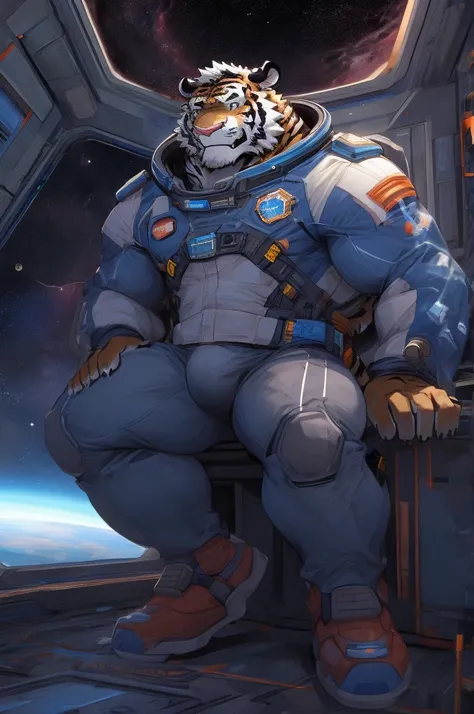 Furry, tiger, man, muscular, fit, space suit, space station, space, pants bulge