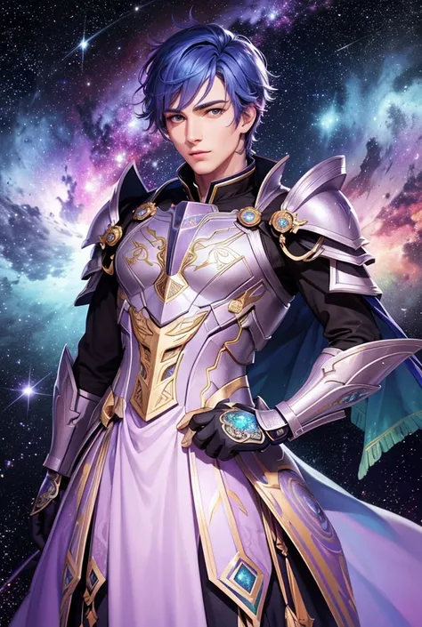 Handsome Man with rainbow colored hair and detailed lavender dress armor, epic posing, rainbow colored cosmic nebula background, stars, galaxies, intricate details, perfect face, long eyelashes, detailed armor