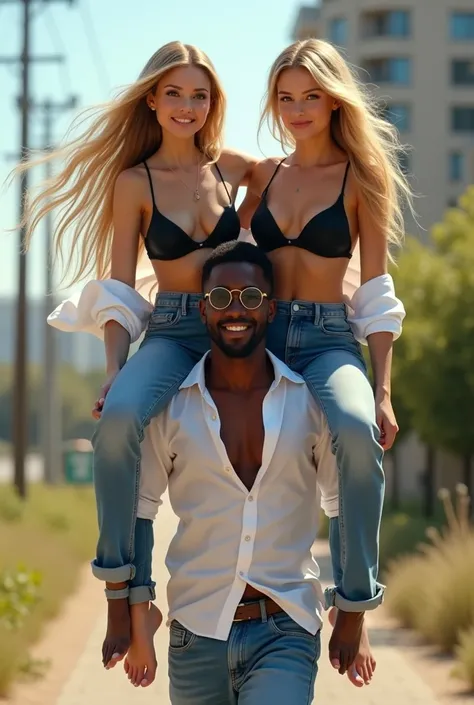 Create a photo of a 2 young woman, with a slender and beautiful body, wearing jeans and an open white shirt with black bra with white and fair skin, with long blonde hair and being carried on the shoulders , short man who has dark black skin and is wearing...