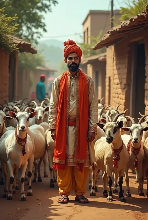 Realistic image Virat Kohli surrounded by goats in old Village of India wearing traditional dress of South India