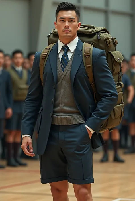 2 perfect ultra realistic muscular suit and tie cadet wearing perfect uniform suit white shirt long sleeve, perfect striped tie, sweater vest, school shorts, long knee socks, lifting his heavy military backpack at the gym