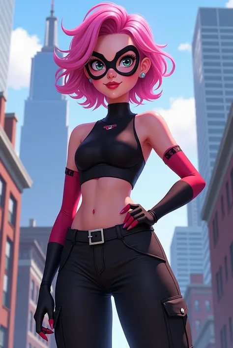 Alix kubdel - Miraculous ladybug with pink, wavy and short hair. She has glasses, a black sport bra and black cargo pants in a roof