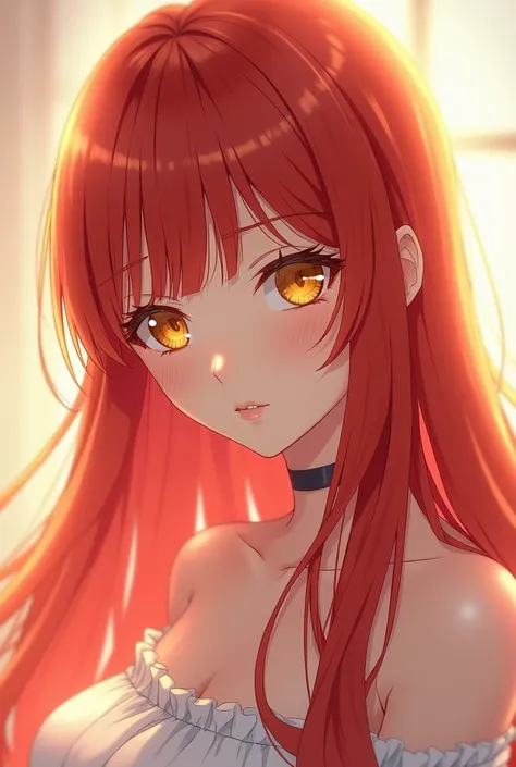 Anime girl with long red hair and yellow eyes with background 