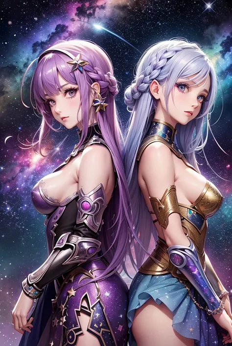 Twins with rainbow colored hair and detailed lavender dress armor, epic posing, rainbow colored cosmic nebula background, stars, galaxies, intricate details, perfect face, long eyelashes, detailed armor, breasts