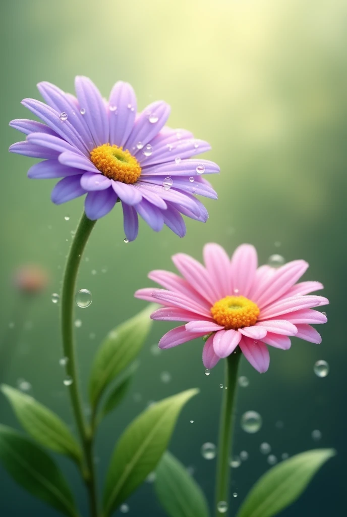 One purple daisy has a water drop on it. One pink daisy has a water drop on it.