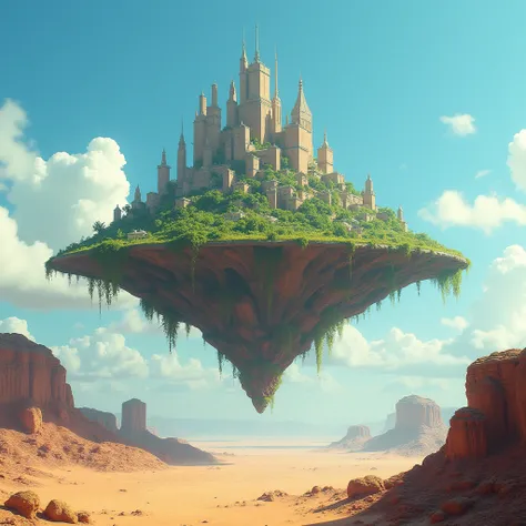 Vast desert, Futuristic floating island suspended in the air, City, fantasy,Miraculous plant growth, Extreme details, Blue sky, Epic creation, (Intricate details), (masterpiece, best quality), Ultra HD