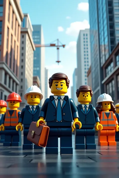 the lego movie poster but without any words and STRAIGHT LANG ANG ANGLE, NOT FROM BELOW OR ABOVE, LIKE STRAIGHT LIKE 90° and like maraming people js like sa mismong poster nd like mga naka suit sila ganon related sa business tapos may crane smth sa likod a...