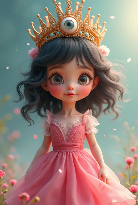 A young girl  with  pink dress and beautiful crown on its head and circle eye and M word on its crown with animation 