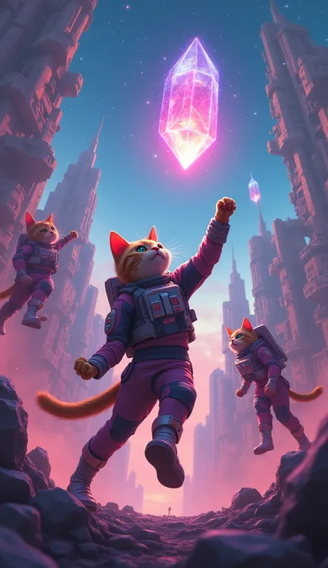 Create a realistic picture of intelligent and extraordinary space cats, wearing anti-gravity suits and magnetic boots, cheering along the street. Around them, tall buildings float in the night sky, with anti-gravity vehicles passing among the stars -star. ...