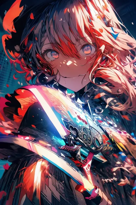 masterpiece, Incredibly high quality illustrations, Background filled with red light particles, A girl with abnormally long red hair is standing face down, Shaggy hair, Bangs long enough to cover the face, Hide Your Eyes, The mouth is somewhat visible, A w...