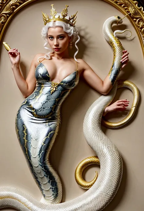 a beautiful queen having a long and huge serpent tail ended on the mermaids fin and huge white wings with spread long golden hairs under a unique crown and holding an elongated wand and the top of the queen should be golden and the serpent tail should be w...