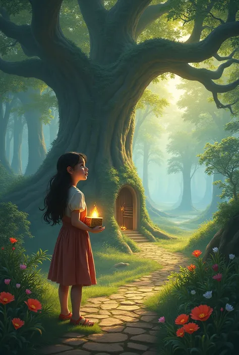 A young girl, Lila, stands at the edge of an enchanted forest, her wide eyes filled with awe.The forest is illuminated by a soft, magical glow, with trees that shimmer in shades of silver and green.The path ahead of her is bathed in golden sunlight filteri...