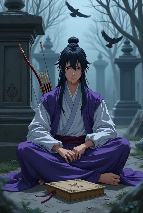 20 year old Chinese male with black bangs wearing traditional Chinese archer clothing. Sitting cross-legged on the ground. Background cemetery. Leaning on a tombstone. Anime style. There is a bow and arrow on the ground next to him. The cemetery is messy. ...