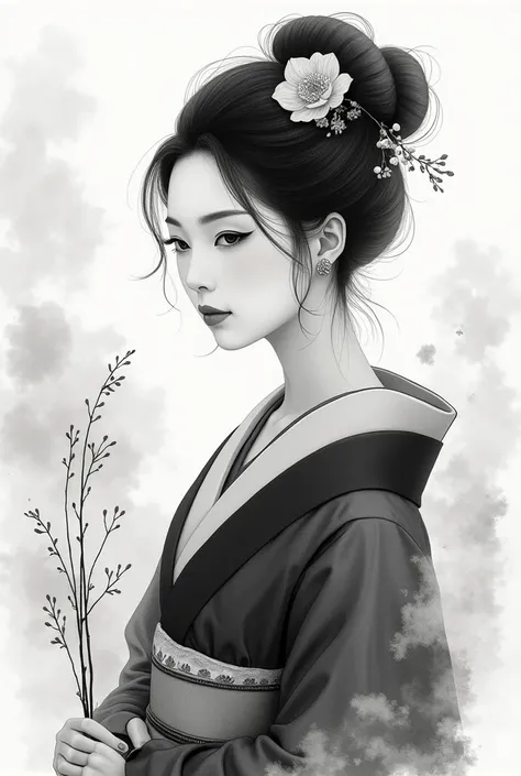 A beautiful Japanese oiran depicted in black and white, focusing on her upper body. The style is watercolor, featuring soft brushstrokes and transparent layers of monochrome tones. The shades of black and white overlap delicately, creating a beautiful blen...