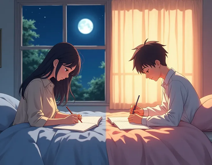 warm lighting. Pastel colors overall. Cute anime feel. Split screen with a female college student writing a letter in a room on the left and a male college student writing a letter on the right. Background girl behind the window is night. The man behind th...