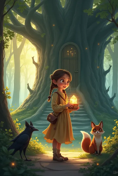 A young girl, Lila, stands at the edge of an enchanted forest, her wide eyes filled with awe.The forest is illuminated by a soft, magical glow, with trees that shimmer in shades of silver and green.The path ahead of her is bathed in golden sunlight filteri...