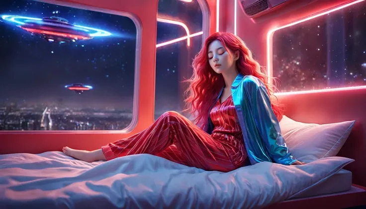 (best quality,8k,ultra-detailed:1.2),(CG,CG art,3D rendering),(masterpiece:1.2),（Red pajamas），(movie lighting,futuristic),(woman lying in bed,sleeping,closed eyes),(large window behind her,tranquil night),(colorful hair:1.5)