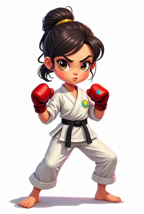 ((officially)) ((masterpiece)) ((Best quality)) ((detailed)) cartoon girl karateka in uniform with boxing gloves with emblem flag of Kazakhstan in fighting stance on white background