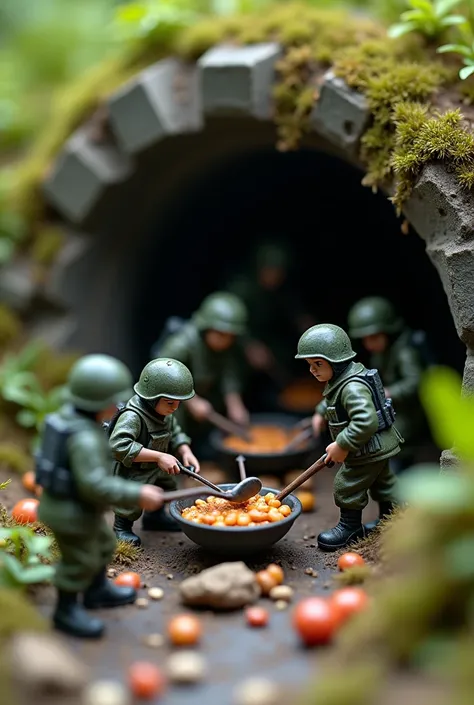 Photorealism 1.3 realism high quality epic realism group of little tiny army toys in the garden  preparing  food in the bunker