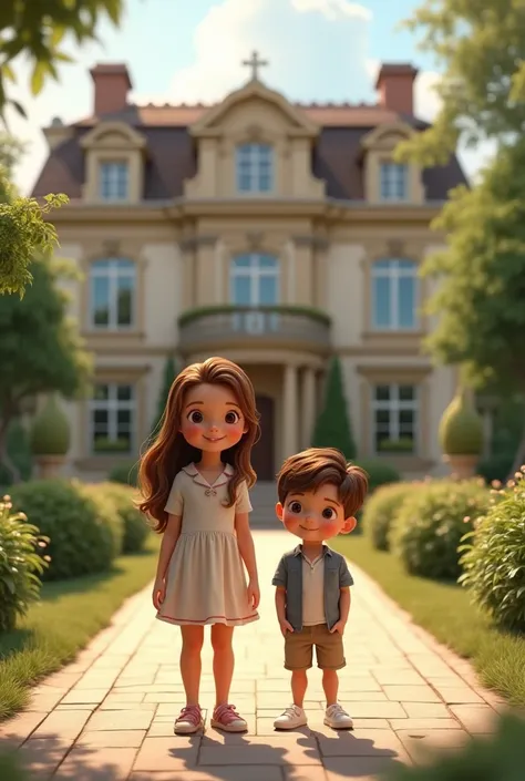 A 1 girl and a  boy are standing next to each other in front of a luxury house