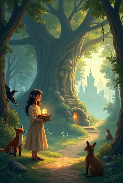 A young girl, Lila, stands at the edge of an enchanted forest, her wide eyes filled with awe.The forest is illuminated by a soft, magical glow, with trees that shimmer in shades of silver and green.The path ahead of her is bathed in golden sunlight filteri...