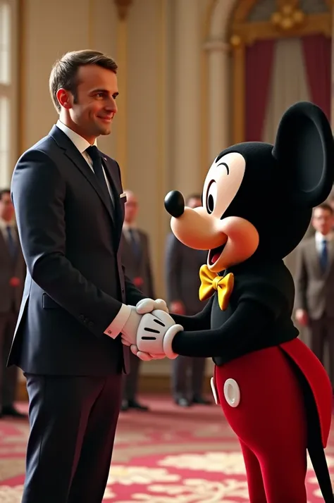 Emmanuel Macron serrer la main de mickey