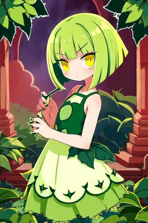 plant alraune beautiful girl green hair bob hair bangs yellow eyes round eyes thorns on hands lower body is plant flower dress