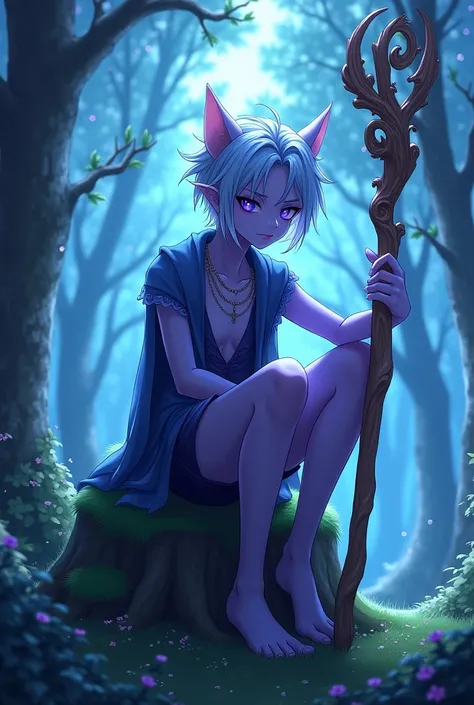 (photorealism:1.2), beautiful boy, night elf, WoW, forest, blue leaves, sitting on stump, one leg bent and standing on stump, one foot on ground, short hair, light blue hair, purple skin, blue eyes, eyes glowing, pupils darker than whites of eyes, cat ears...