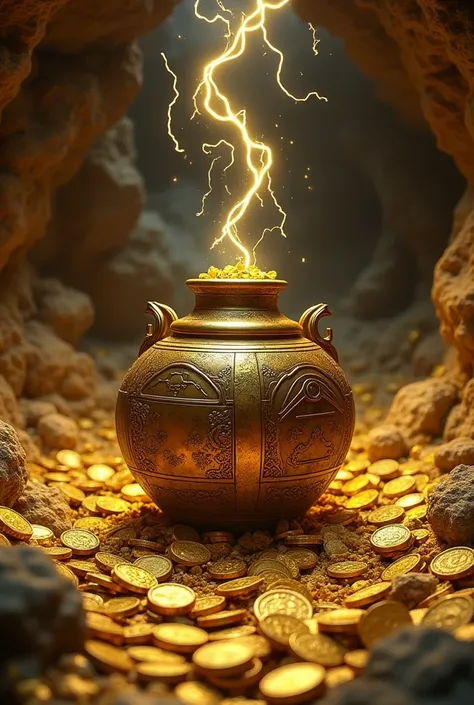 Create a tornado-creating artifact that looks like an object, which is in a cavern surrounded by gold coins, as if it were a treasure.