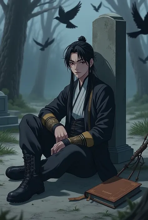 20 year old Chinese man with black bangs parted on both sides of his face, wearing traditional Chinese military uniform. Sitting cross-legged on the ground. Background cemetery. Leaning on a tombstone. Anime style. There is a bow and arrow on the ground ne...