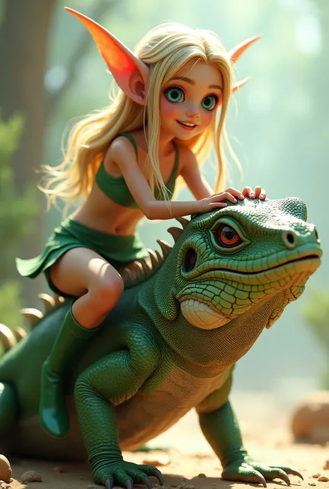 Super realistic illustration, Detailed Fantasy art, Cinema 4D rendering, 1 cute lady, full body, A fairy-sized elven lady is riding an Iguana, Controlling the Iguana by grabbing its head. long blonde hair, blue eyes. drooping down Pointed Ears, happily, gr...