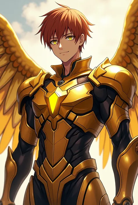 Anime, 20 y man, chesnut short hair, with a golden metal armor, armor has mechanised golden metal wings, metal belt with a glowing light yellow gem