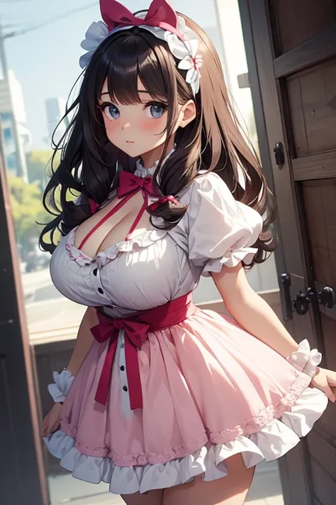 A young, innocent, and curious girl with a voluptuous figure, dressed in clothing that accentuates her physical attributes yet highlights her naive and childlike personality. She wears a form-fitting pastel-colored dress with frills and bows, reflecting he...