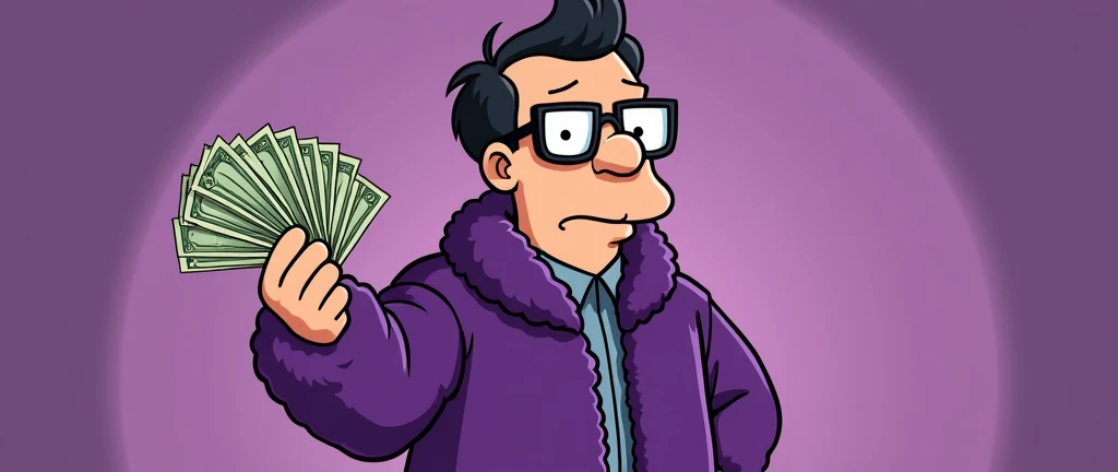 THE Hank Hill wearing his signature hairstyle and glasses, and a purple fur coat and holding a fan of money, true to the cartoon style of the show "King of The Hill." The General scene is very purple too