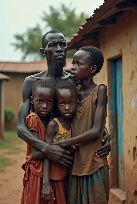 Wretched Young African family members supporting themselves in a dilapidated downblow in suburban town of Africa 