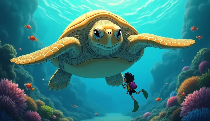 A beautiful ghibli anime style illustration tiny diver and golden gigantic sea turtle the size of a mountain diving together under water and beautiful corals and plants are inside water, giant turtle with beautiful expressive eyes, low angle shot, normal s...