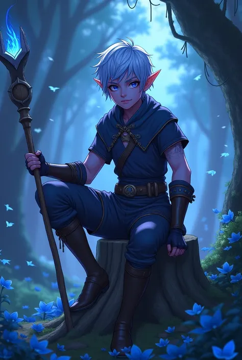 Beautiful boy, night elf, WoW, forest, blue leaves, sitting on a stump, one leg bent and standing on the stump, one foot on the ground, short hair, light blue hair, purple skin, blue eyes, eyes glowing, pupils darker than the whites of the eyes, cat ears, ...